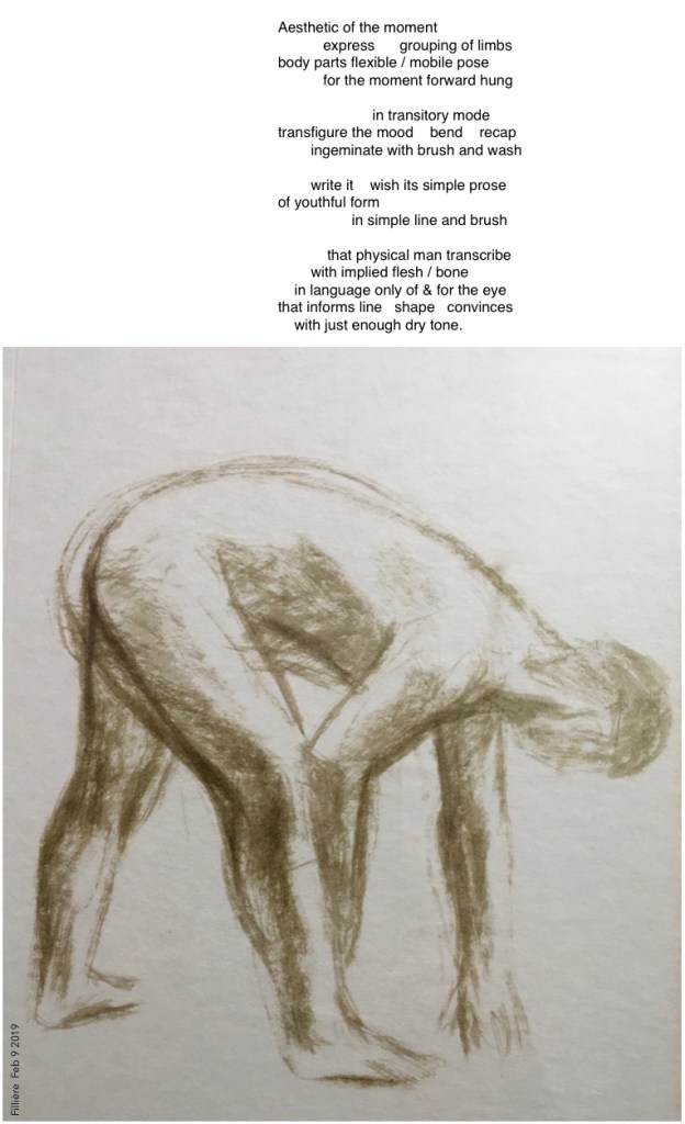 A nude male youth is drawn in olive green line and brush wash; he is bending forward to touch the floor with hands in front of feet. A poem above the figure describes the process of changing observed figure into art.
